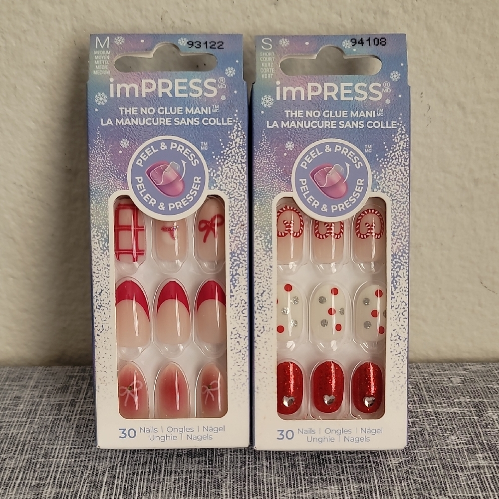 2 imPRESS Press On Nail Sets Winter Snowman Hearts Pink Red New